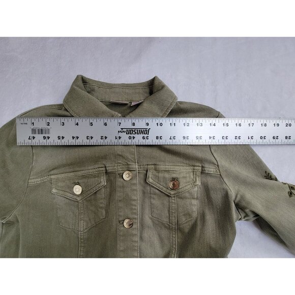 Chico's Womens Embroidered Sage-Denim Jacket Size 0, US 4/6 Button-Up Frayed Hem - Picture 5 of 7